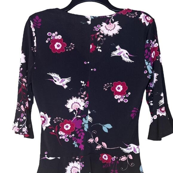 Candies Black Floral Y2K Flare Sleeve Blouse Cinched Front Peplum Bottom - Picture 2 of 6
